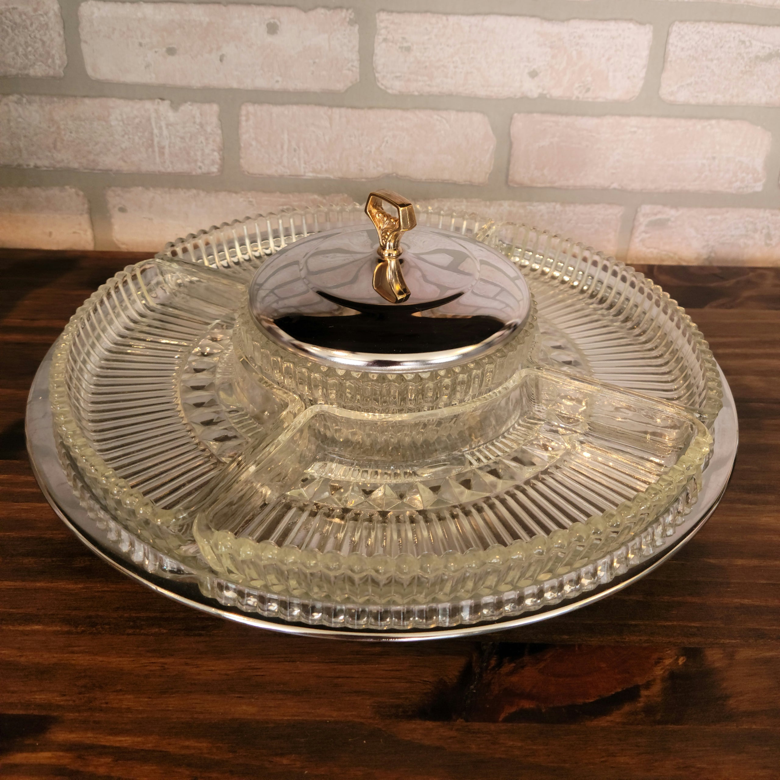 Vintage Kromex Divided Glass Relish Trays with Covered Center Dish on Lazy Susan Tray The